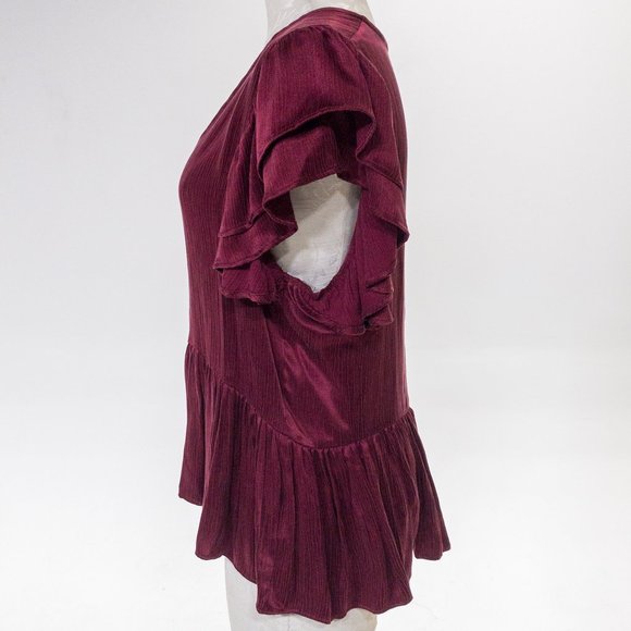 Neiman Marcus M Silky Ruffle Babydoll Blouse Red - Picture 4 of 10